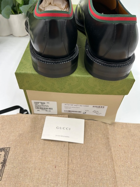 Men’s Gucci Black Leather Derby Shoes with Green-Red Web trim Size 12.5